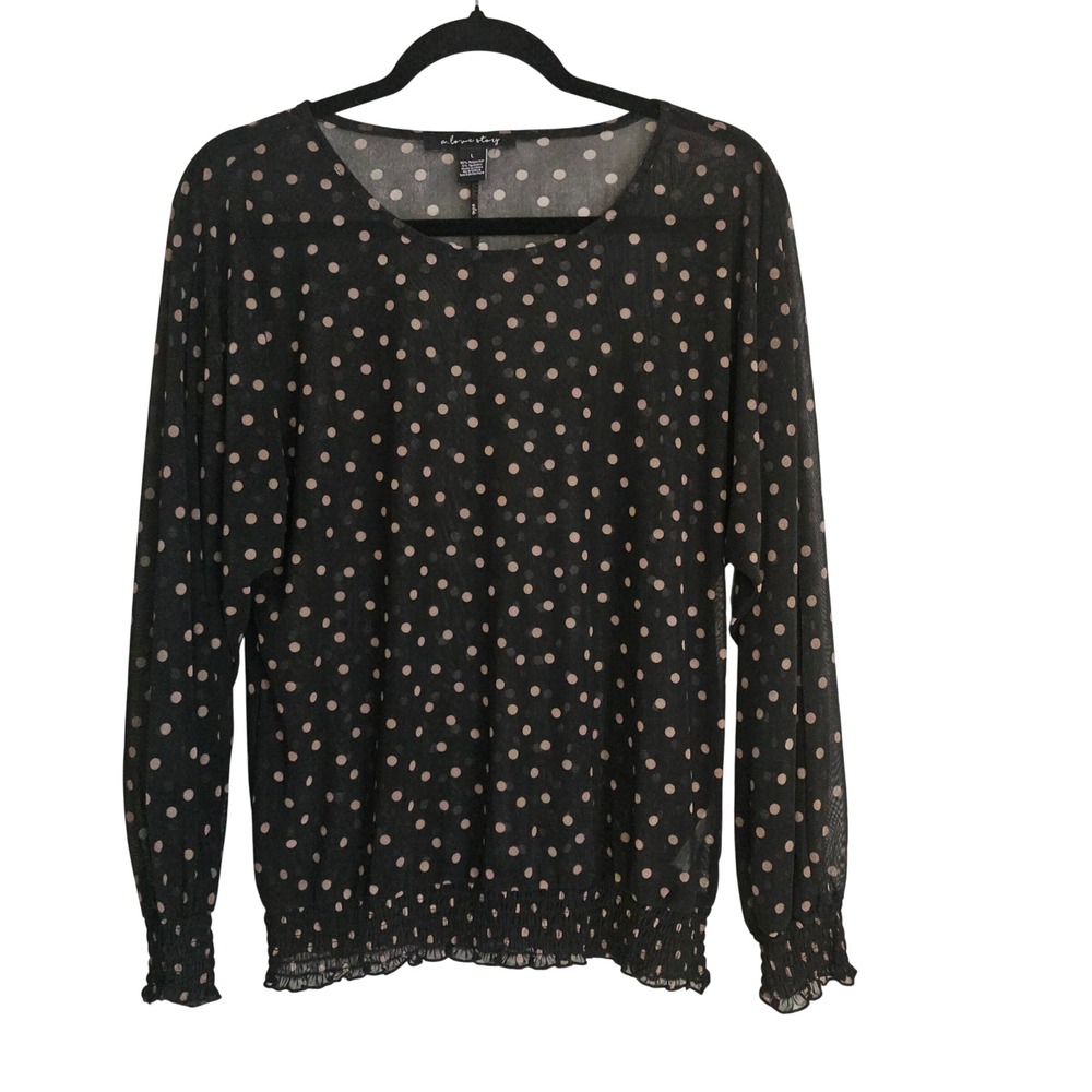 Black & Tan Polka Dot Sheer Smocked Blouse A Love Story Top Large Whimsy